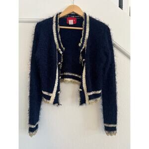 READ Ceres Cropped Fuzzy Cardigan Womens Medium Old Money Preppy Academia Blue